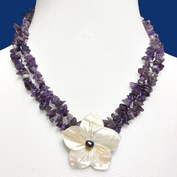 Shell Flower Necklace Purple Amethyst Nugget Carved Mother of Pearl Cruise 20" - Picture 2 of 10